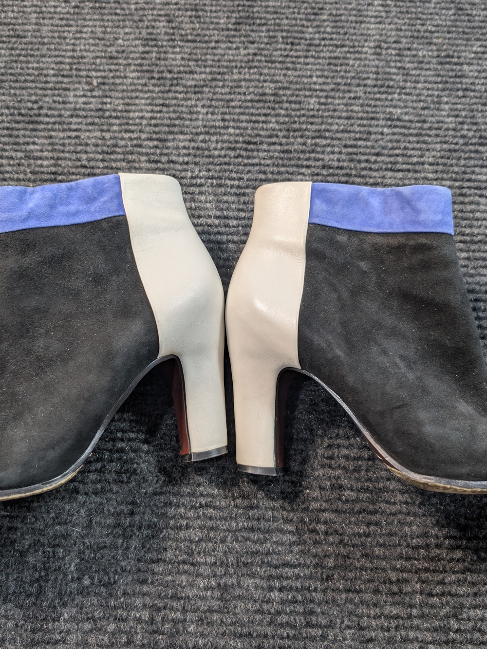 Sam Edelman Black Suede Ankle Boots with Cream Leather Heel and Blue Suede Cuff